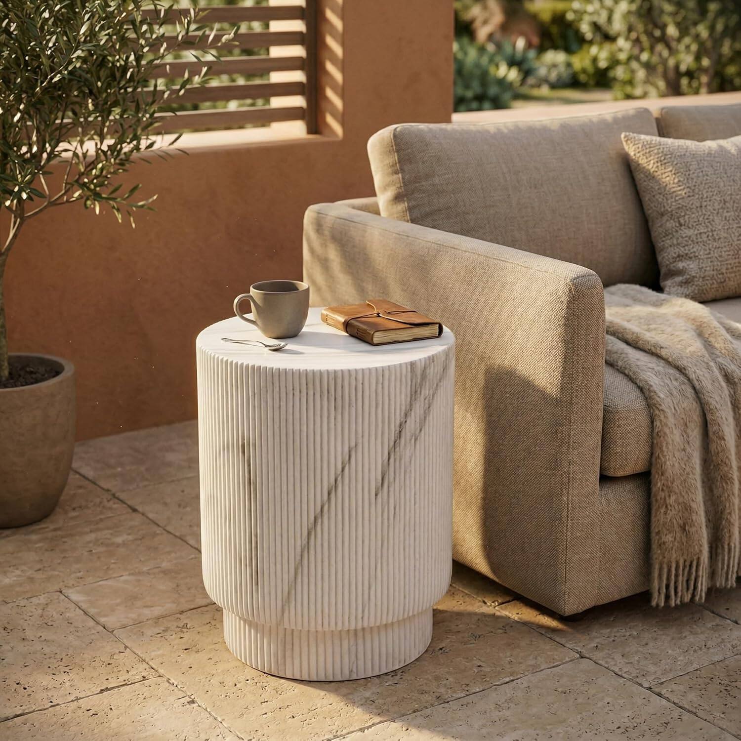 Left. LeisureMod - Eden Modern Stone Top Round Side Table, Indoor/Outdoor Weather Resistant Accent Table, Fully Assembled - Light Grey.