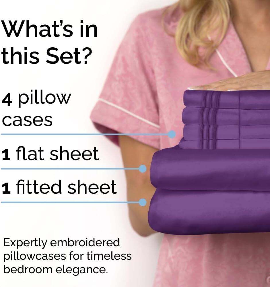 What's in this Set?  
4 pillow cases  
1 flat sheet  
1 fitted sheet  

Expertly embroidered pillowcases for timeless bedroom elegance.