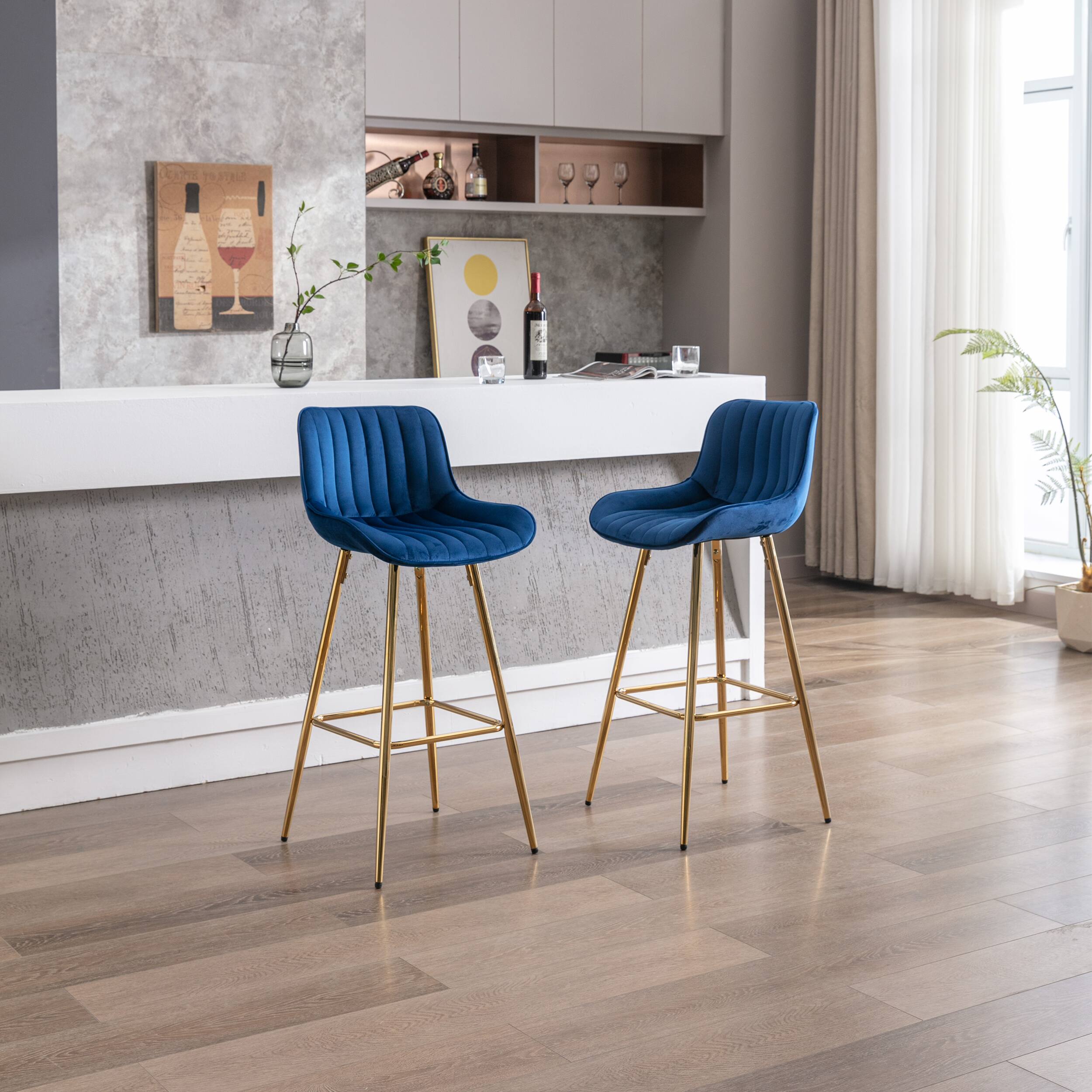 Back. Trinkets Crazed - Velvet Bar Stools Set of 2, 30 Inch Modern Barstools with Back&Gold Legs, Bar Height Stools for Kitchen Island - Blue.