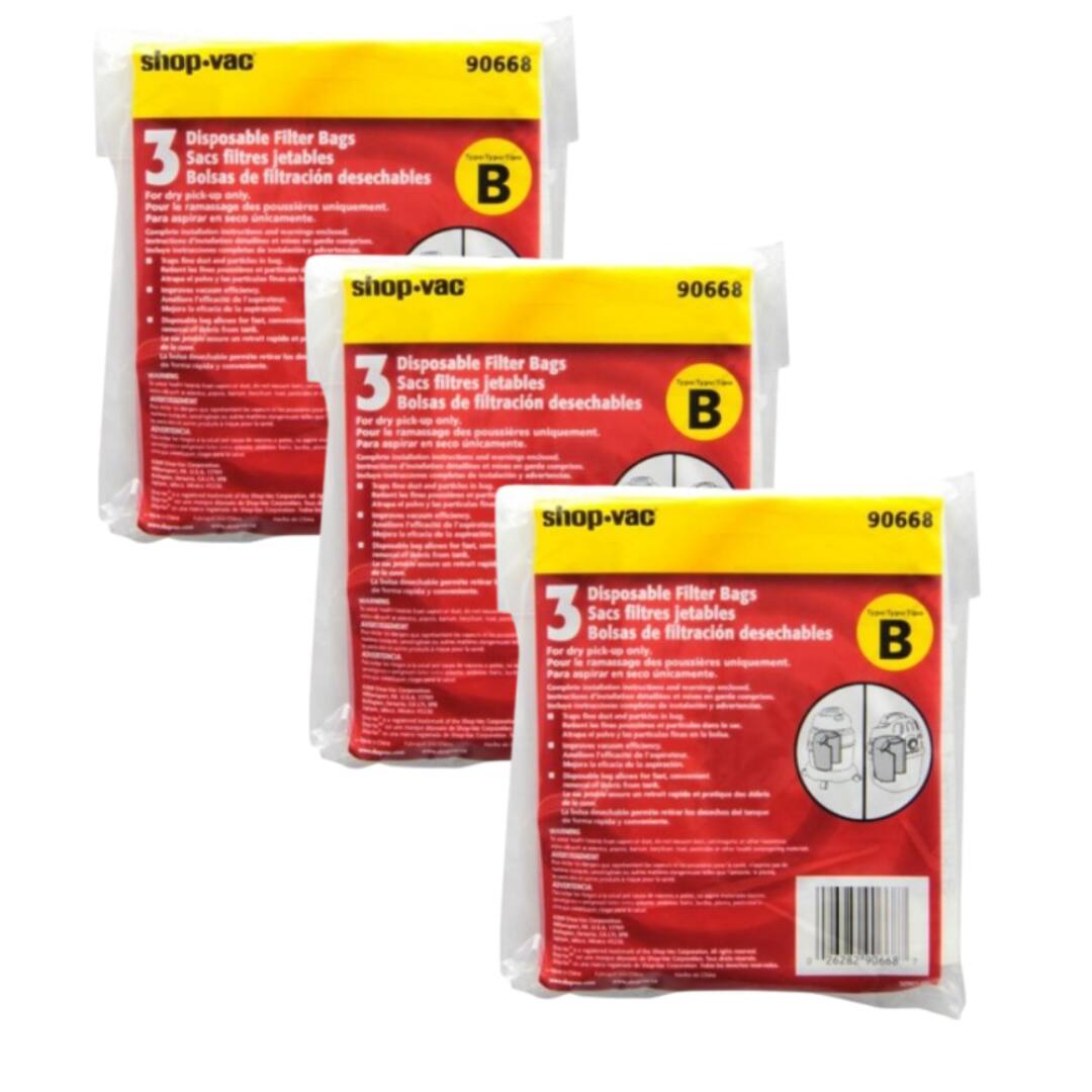 shop-vac 90668 Disposable Filter Bags 3 Sacs filtres jetables Bolsas de filtración desechables For dry pick-up only Pour le ramassage des poussières uniquement Para el recogida de polvo únicamente