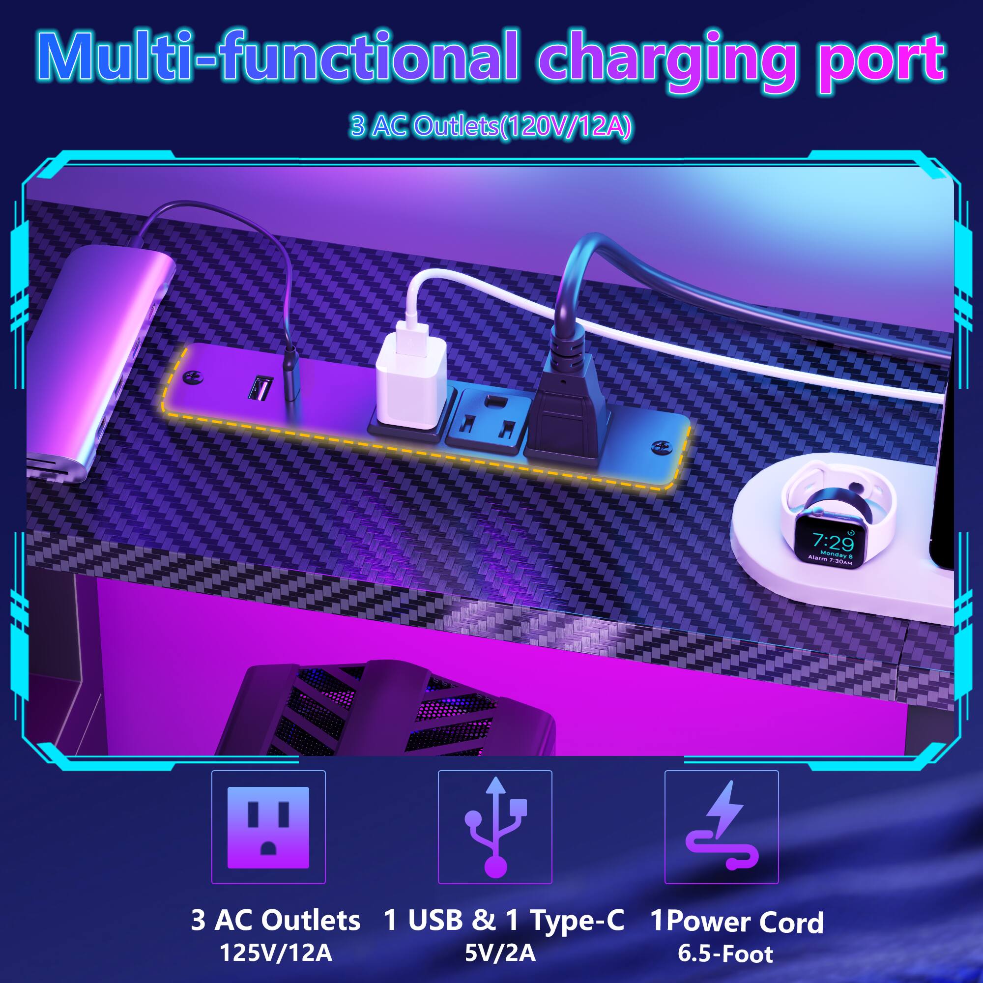 Multi-functional charging port  
3 AC Outlets (120V/12A)  
3 AC Outlets  
1 USB & 1 Type-C  
1 Power Cord  
125V/12A  
5V/2A  
6.5-Foot