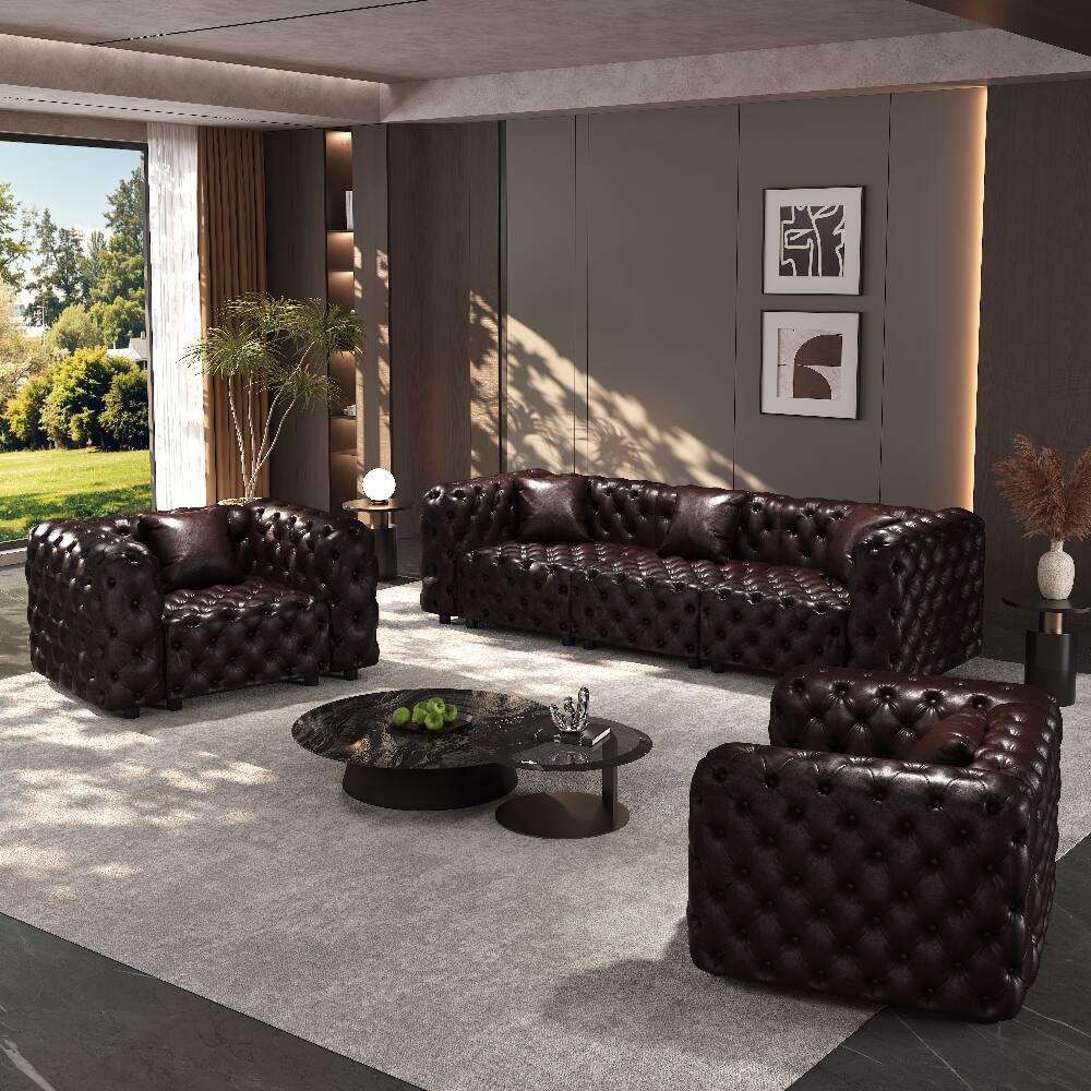 Angle. Loheer - Loheer Modern Modular Sofa Set, Faux Leather 5-Seater Sectional Couch, Button Tufted Dark Brown - Dark Brown.