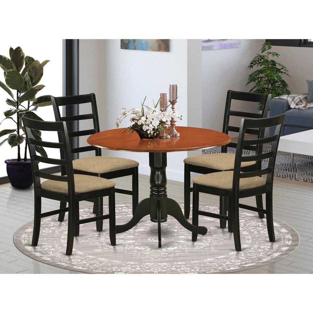 Left. East West Furniture - DLPF5-BCH-C 5 PC Kitchen Table set-Dining Table and 4 Wooden Kitchen Chairs - Black & Cherry.