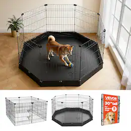 VEVOR - Dog Playpen 30 Inch 8 Panels Foldable Exercise Pen with Bottom Pad, Indoor Metal Pet Fence with Door - Black