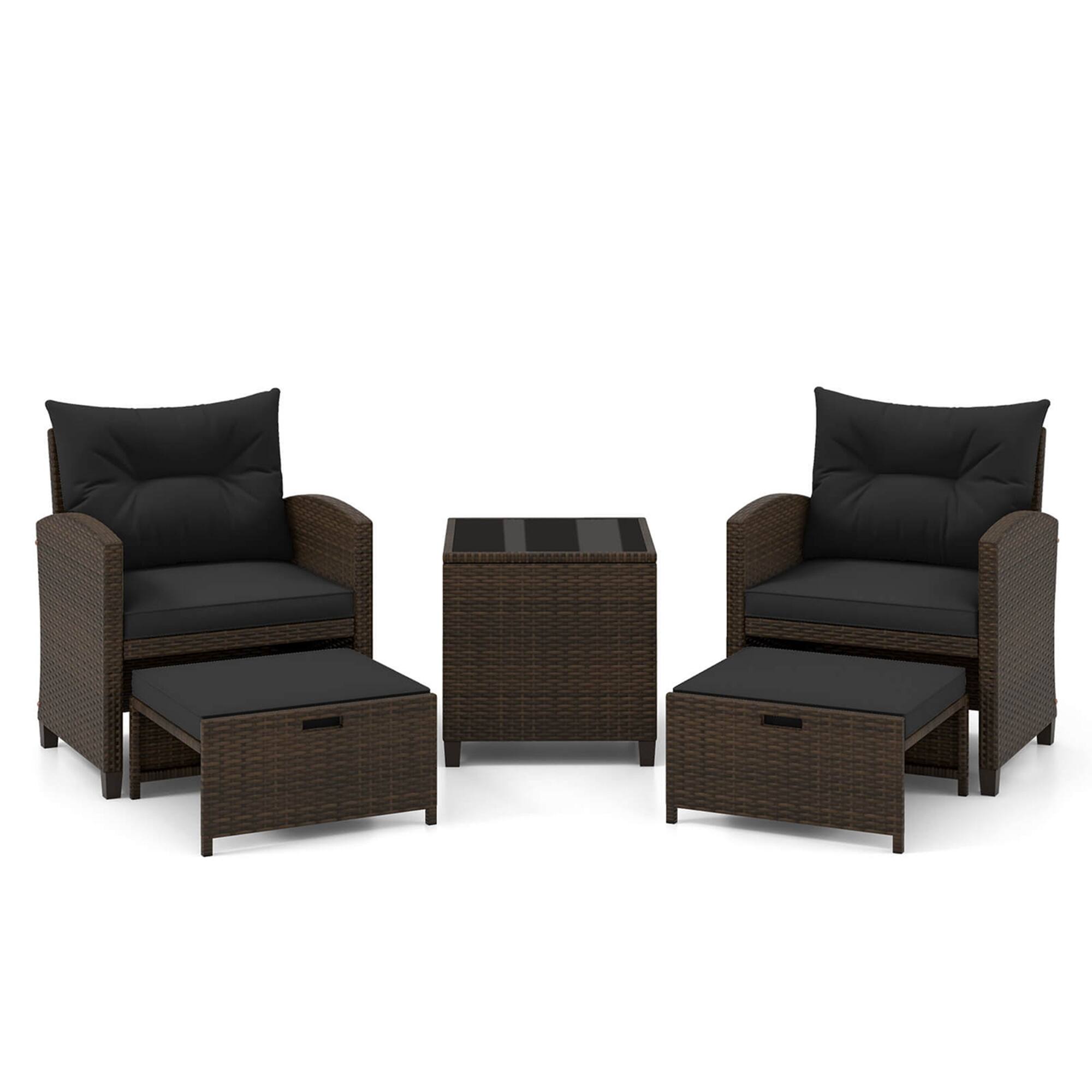 Alt View 3. Gymax - Gymax 5 PCS Rattan Furniture w/ & Tempered Glass & 2 Ottomans Coffee Table Patio Black - Black.