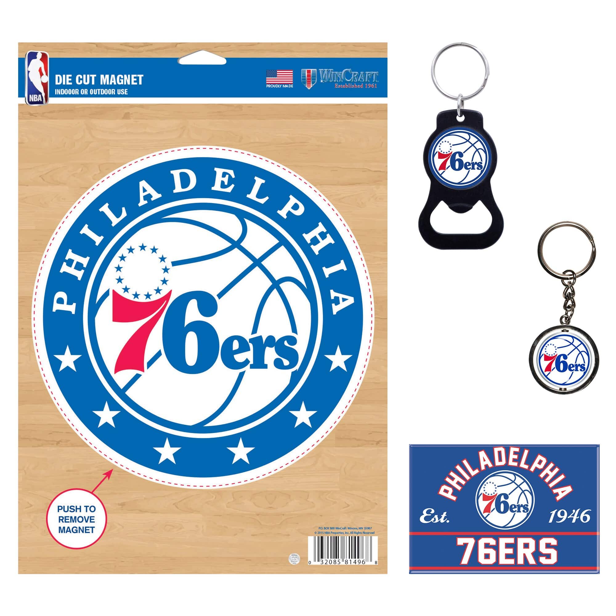 DIE CUT MAGNET  
INDOOR OR OUTDOOR USE  

WICRAFT  
Established 1911  

PHILADELPHIA  
76ers  

PUSH TO REMOVE MAGNET  

PHILADELPHIA  
Est. 1946  
76ERS  

32085 81496