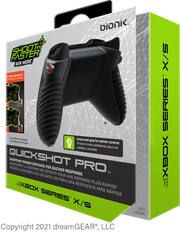 Sure, here is the corrected and grouped text from the image:
---
**bionik**
**SHOOT FASTER WIN MORE**
**QUICKSHOT PRO™**
**SHORTENS TRIGGER DISTANCE FOR QUICKER RESPONSE**
**RACCOURCIT LA DISTANCE DE DÉTENTE POUR UNE RÉPONSE PLUS RAPIDE**
**REDUCE LA DISTANCIA DE LOS GATILLOS PARA UNA RESPUESTA MÁS RÁPIDA**
**FOR XBOX SERIES X/S**
**LIFT LEVER**
**2 Trigger adjustments**
**2 Régages de la détente**
**Improved grip for better control**
**Prise en main améliorée pour un meilleur contrôle**
**"Controller not included."**
**"Contrôleur non inclus."**
**Copyright 2021 dreamGEAR®, LLC**
---
**XBOX SERIES X/S**
