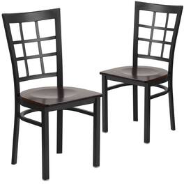 Emma + Oliver - 2 Pack Window Back Metal Restaurant Chair - Walnut Wood Seat/Black Metal Frame