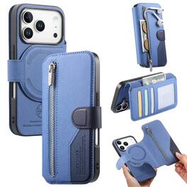 UUCOVER - For Apple iPhone 17 Pro Max Zipper Wallet Case with Magnetic Detachable RFID Card Slots Cash Holder Flip Stand Cover - Blue