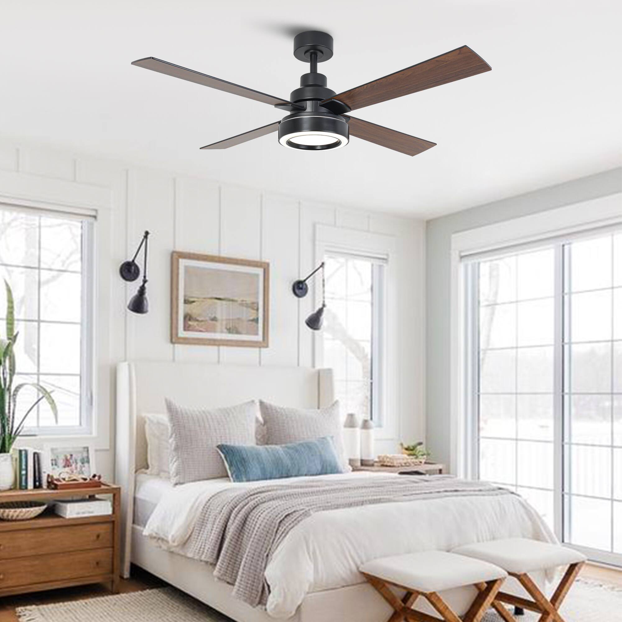 Angle. Vaczon - 52 Inch Modern 4 Blades DC Motor Ceiling Fan with LED Light and Remote Control and APP - Black.