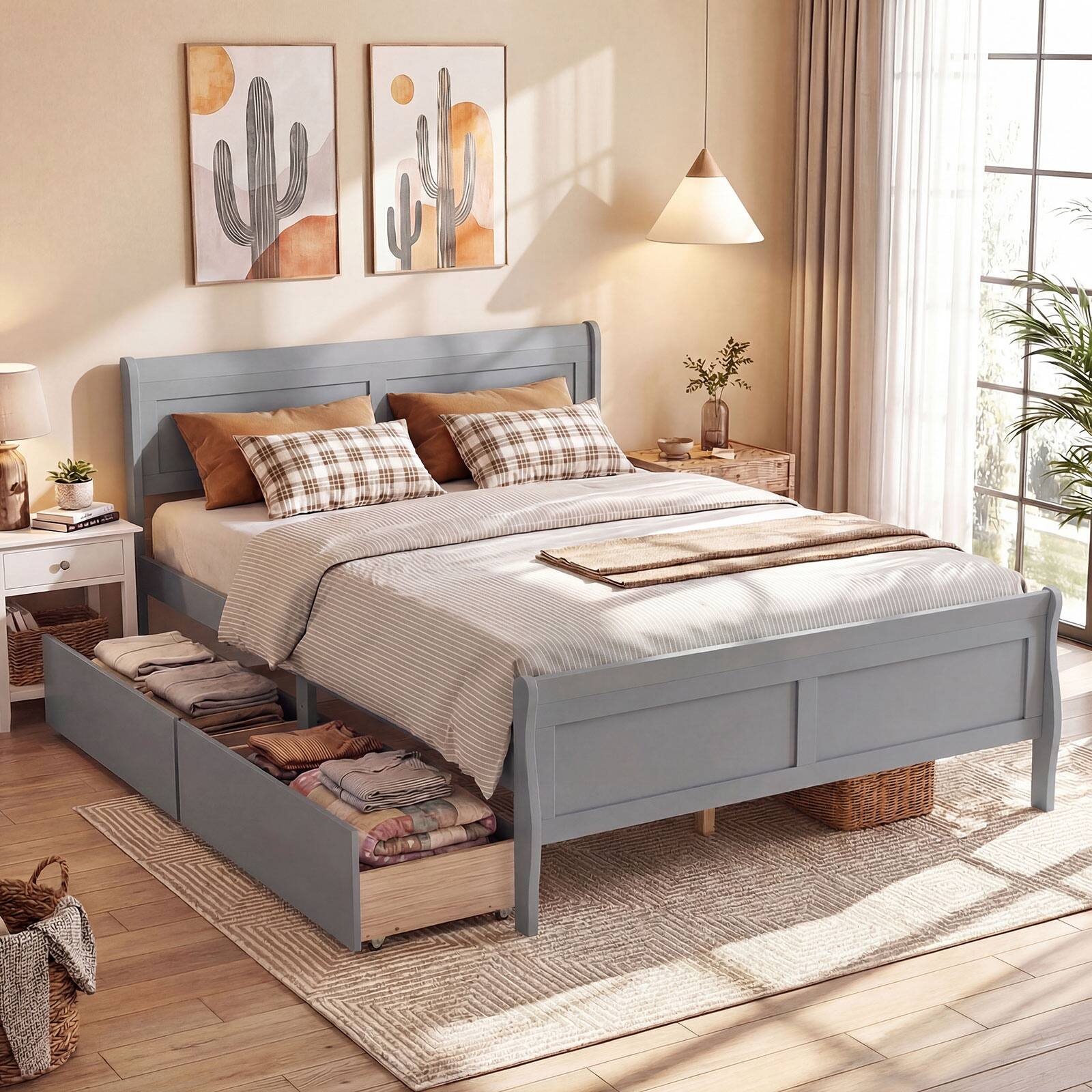 Alt View 1. Costway - Costway Queen Size Bed Frame with Storage Drawers, Wood Platform Bed with Headboard Footboard - Gray.