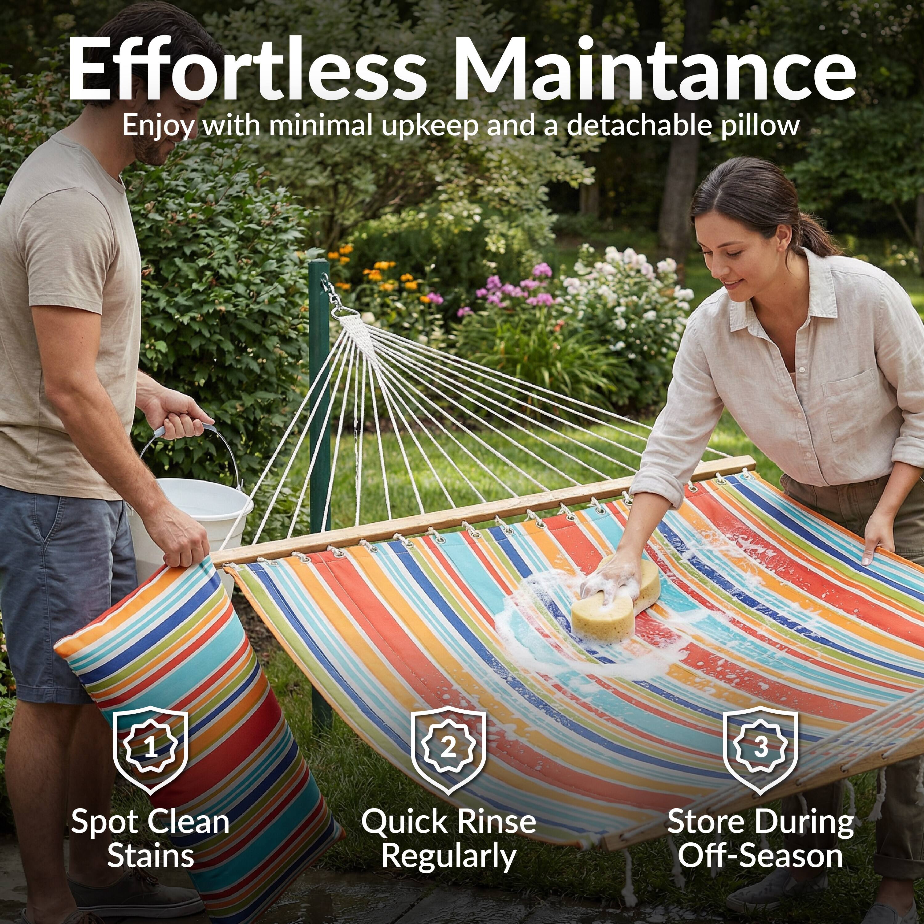 Effortless Maintenance  
Enjoy with minimal upkeep and a detachable pillow

1. Spot Clean Stains  
2. Quick Rinse Regularly  
3. Store During Off-Season