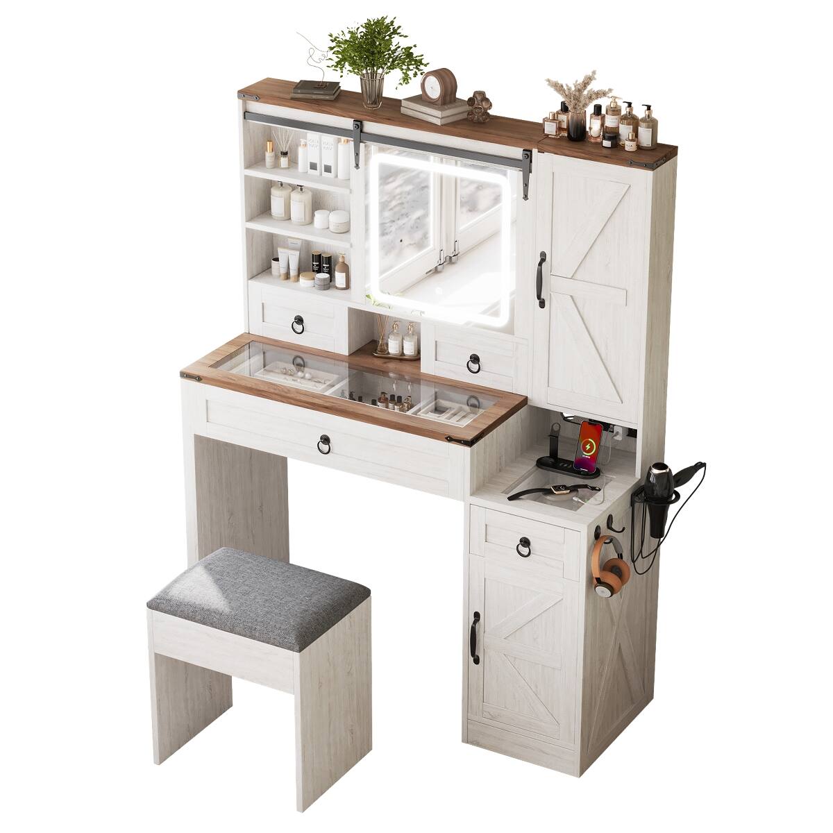 Back. Loheer - Loheer Farmhouse Vanity Desk with LED Mirror, Glass Top, Charging Station and Stool - White.