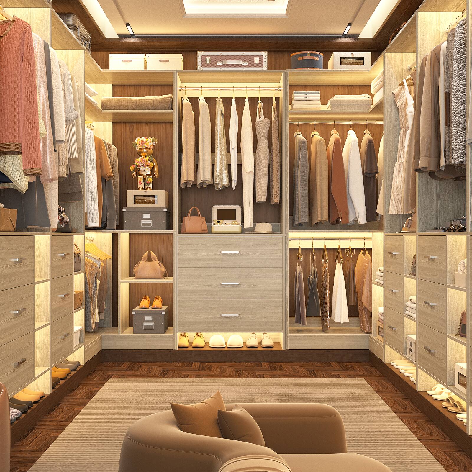Back. Aheaplus - 88.8'' With U-Shaped Closet System, Walk-in Wardrobe System with 3 Drawers and 5 Hanging Rods, Set of 3 - Beige Oak.