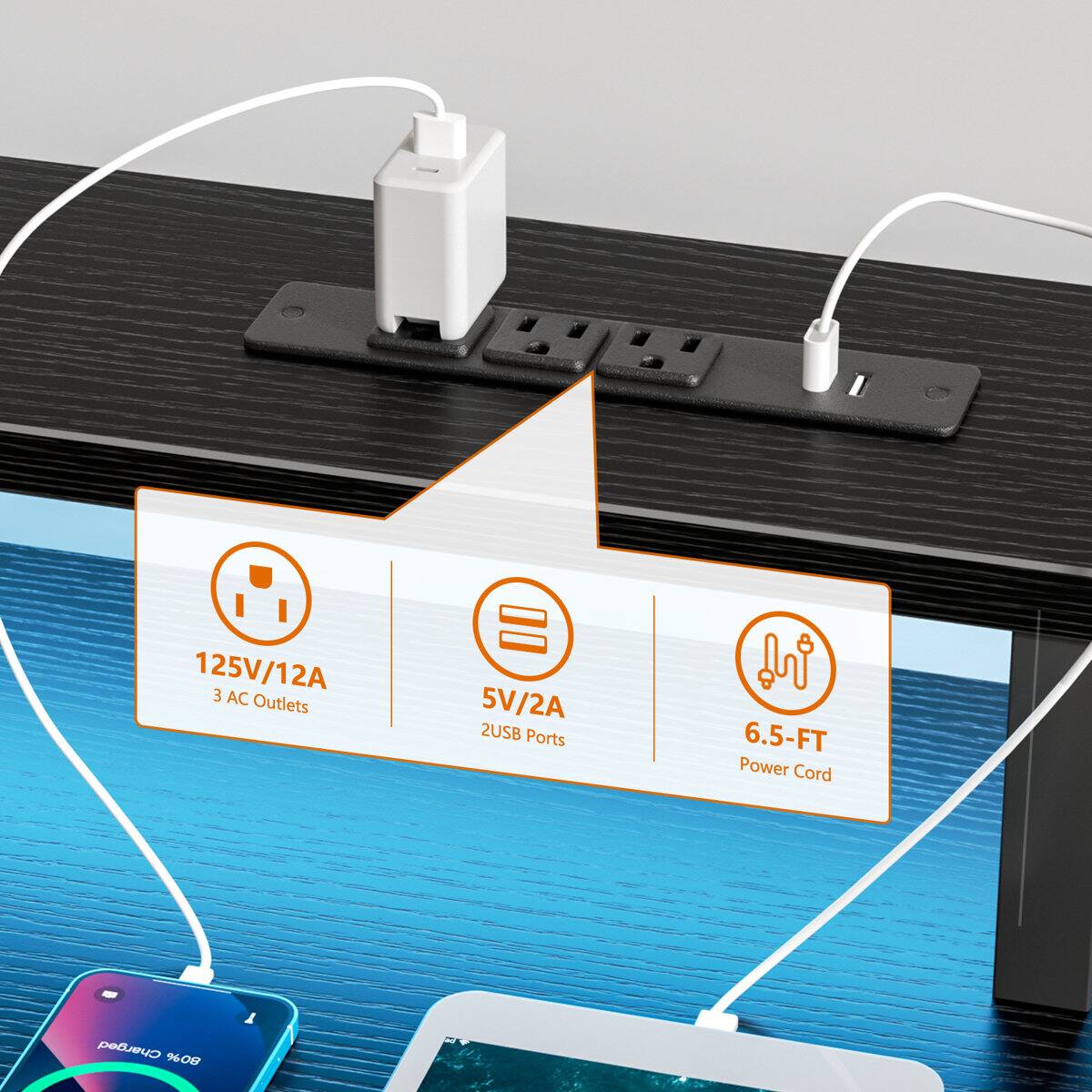 125V/12A 3 AC Outlets  
5V/2A 2 USB Ports  
6.5-FT Power Cord  
Charged 80%