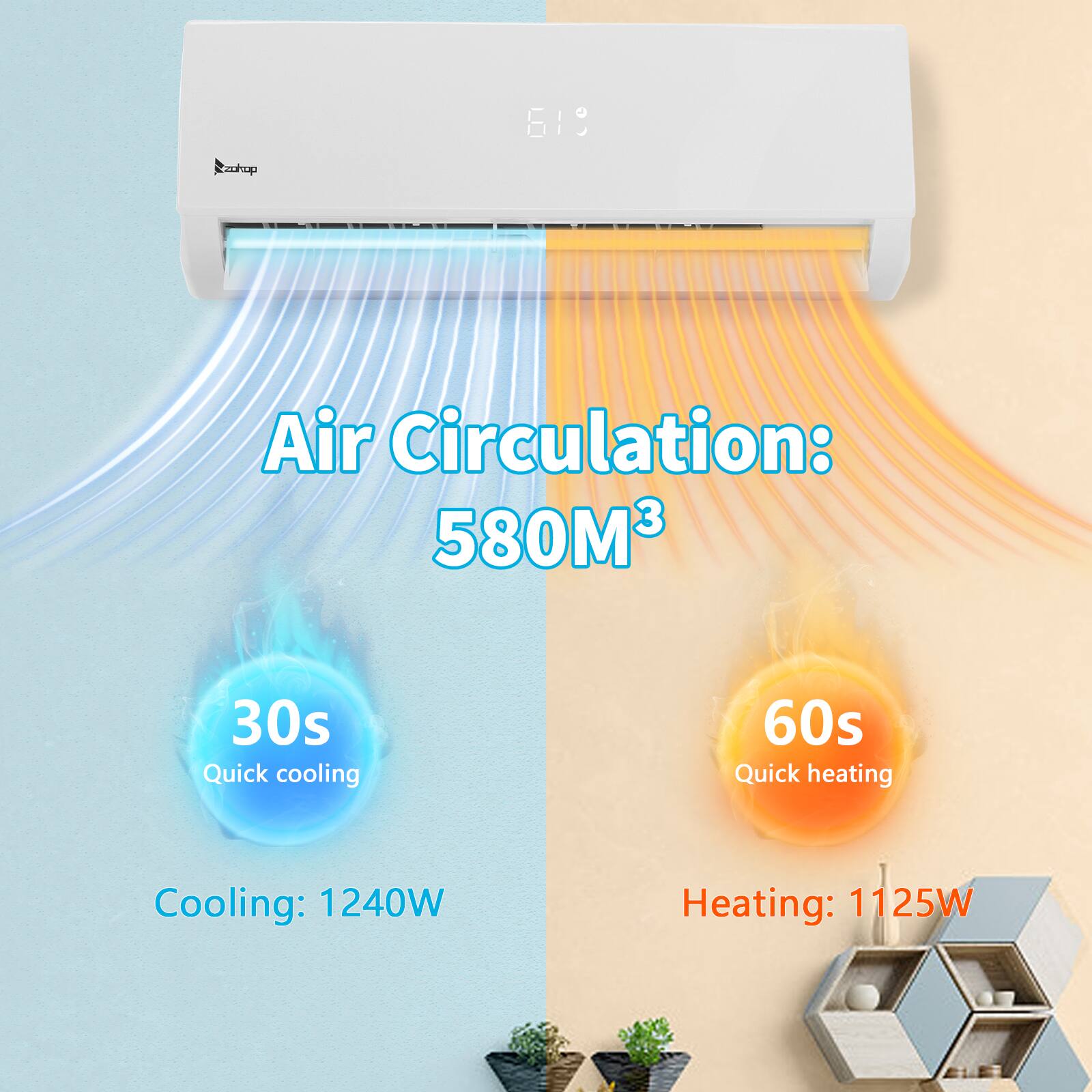 Air Circulation: 580M³  
30s Quick cooling  
60s Quick heating  
Cooling: 1240W  
Heating: 1125W