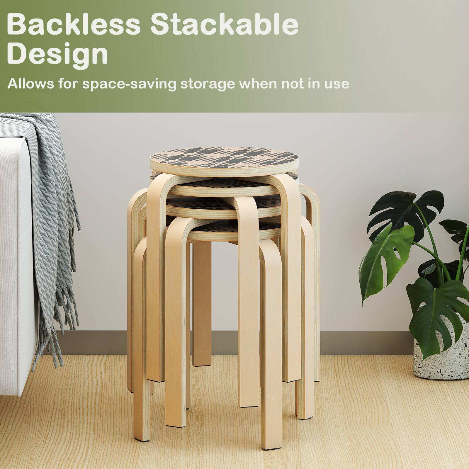 Backless Stackable Design  
Allows for space-saving storage when not in use