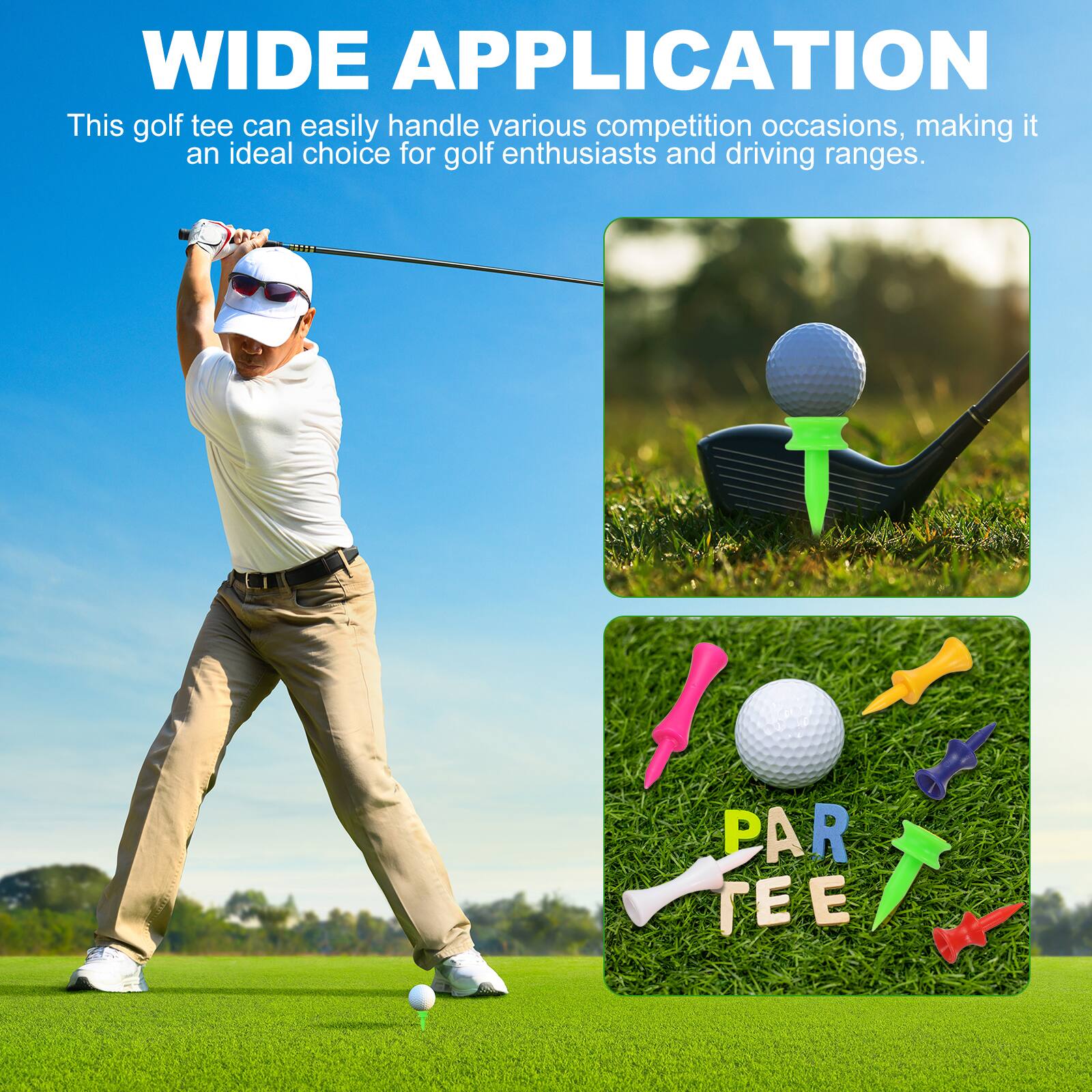 WIDE APPLICATION  
This golf tee can easily handle various competition occasions, making it an ideal choice for golf enthusiasts and driving ranges.  
PAR TEE