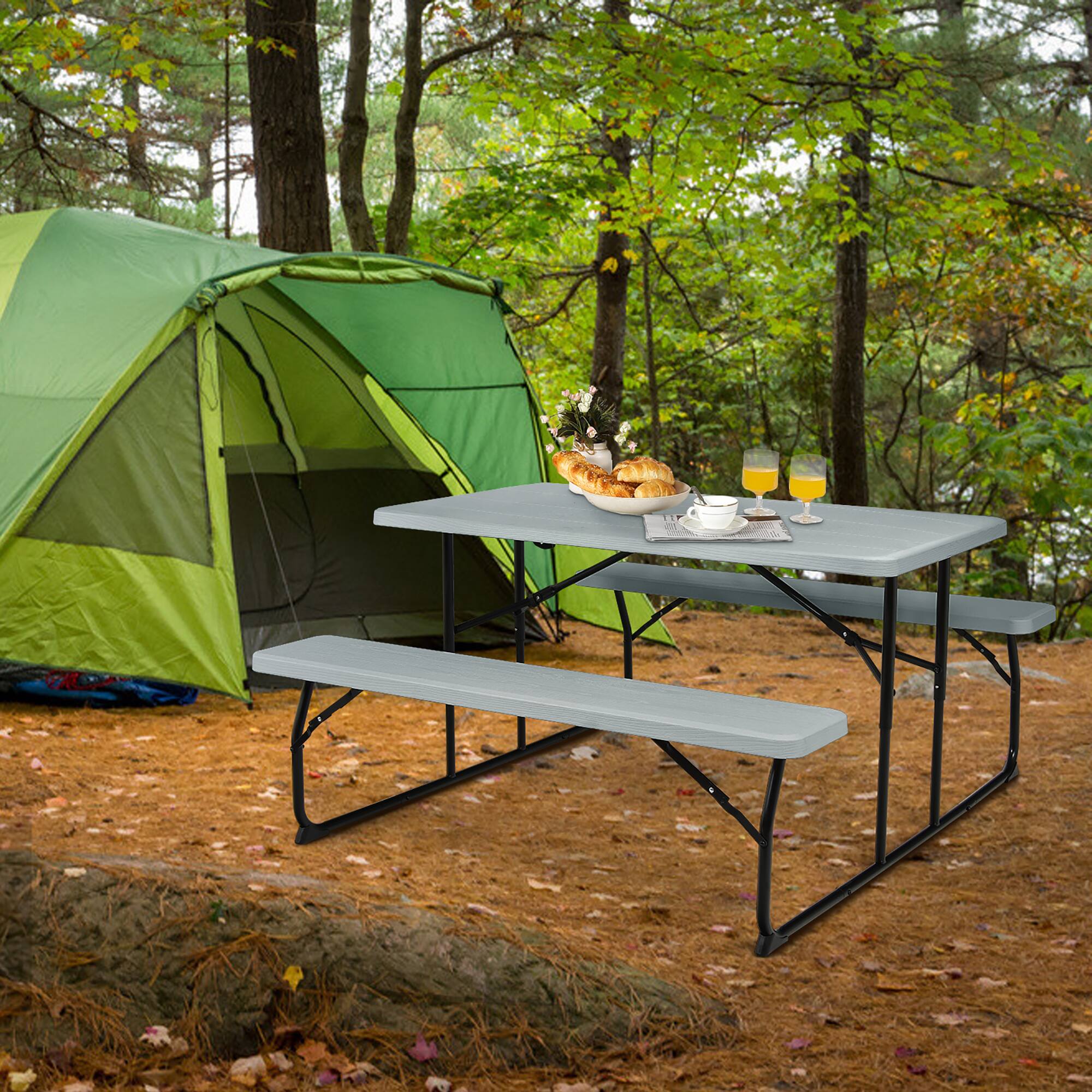 Alt View 2. Costway - Costway Indoor & Outdoor Folding Picnic Table Bench Set w/ Wood-like Texture - Grey.