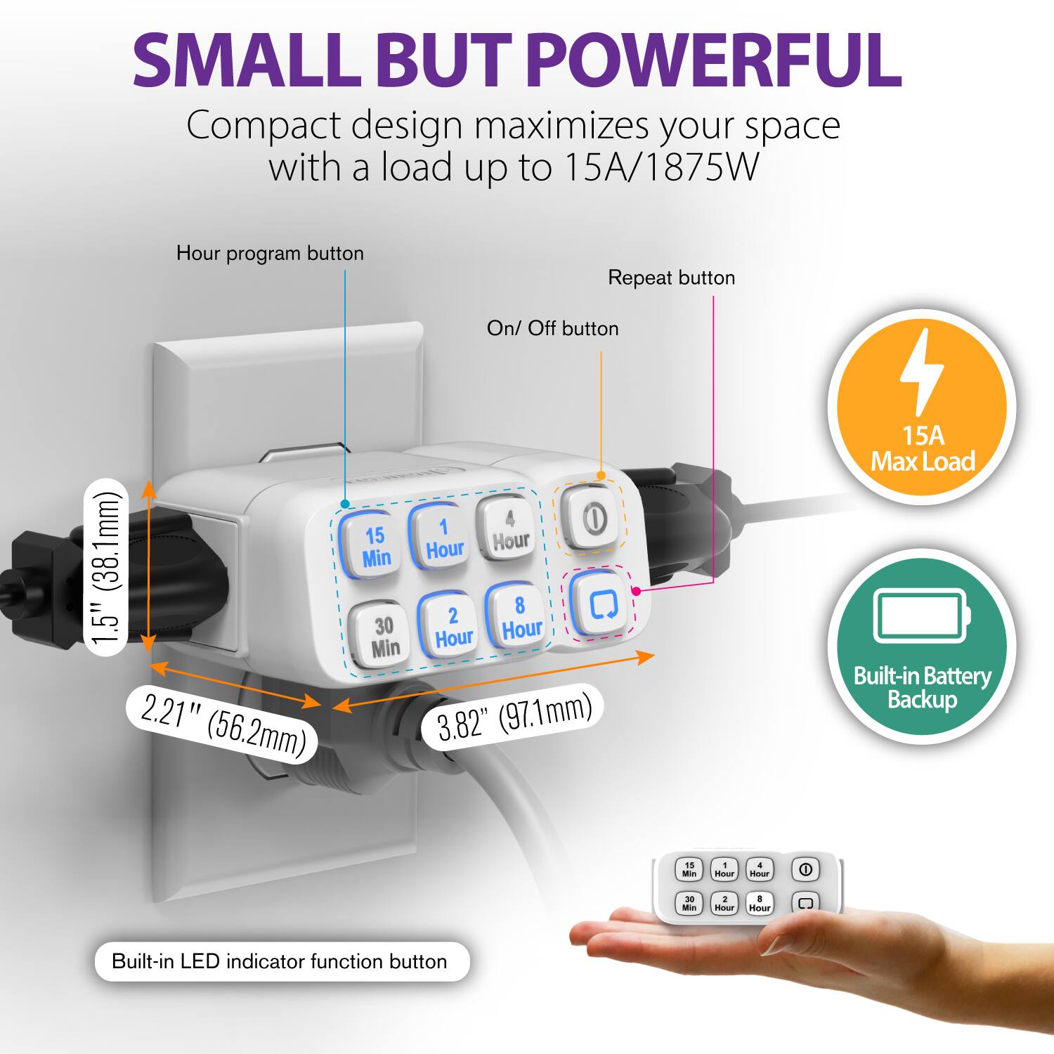 SMALL BUT POWERFUL Compact design maximizes your space with a load up to 15A/1875W Hour program button Repeat button On/ Off button 1.5" (38.1mm) 2.21" (56.2mm) 15 Min 30 Min 1 4 I Hour Hour 8 2 Hour Hour 3.82" (97.1mm) 15A Max Load Built-in Battery Backup Built-in LED indicator function button