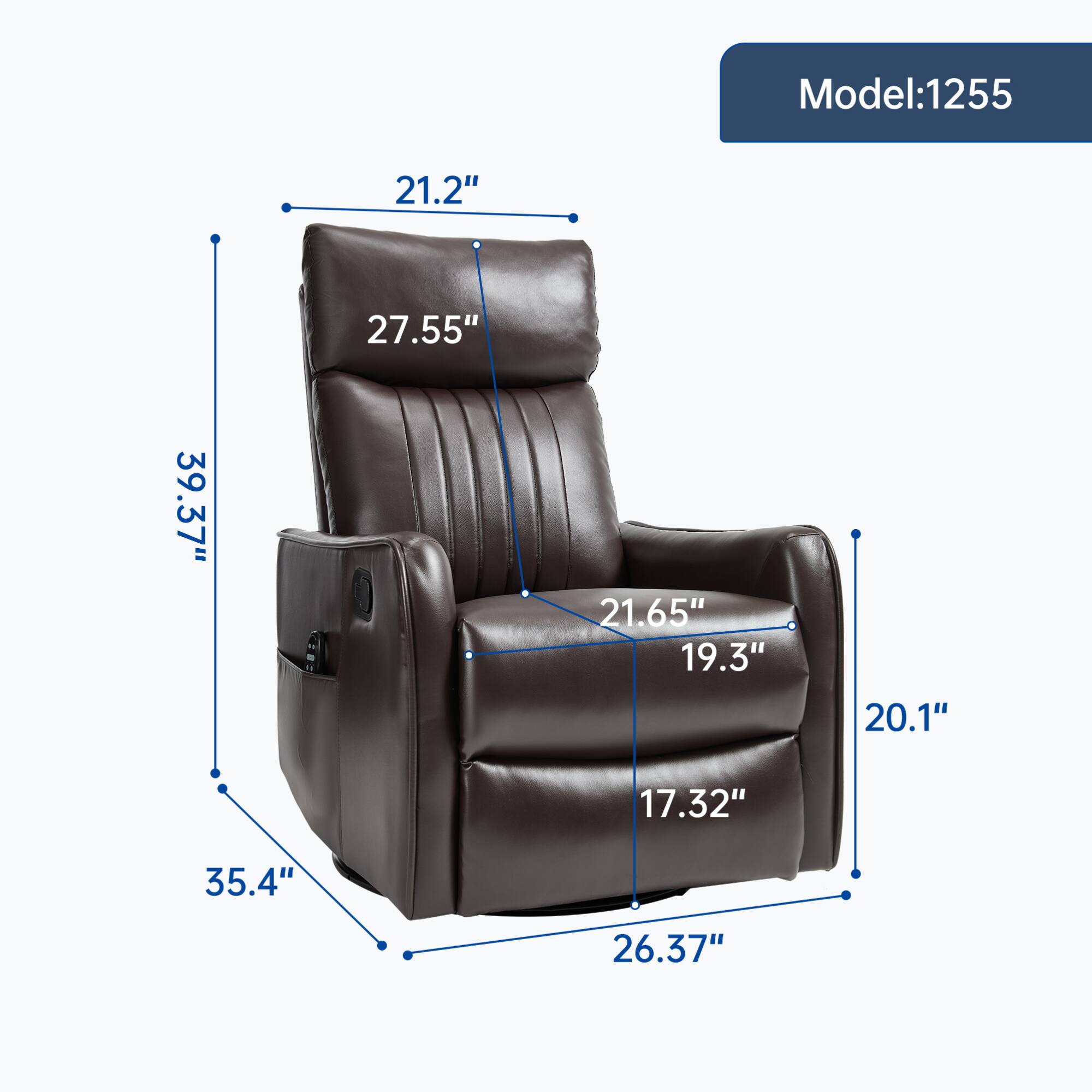 Model: 1255

- Width: 21.2"
- Depth: 27.55"
- Height: 39.37"
- Seat Height: 21.65"
- Seat Depth: 19.3"
- Arm Height: 20.1"
- Arm Width: 17.32"
- Overall Width: 35.4"
- Overall Depth: 26.37"