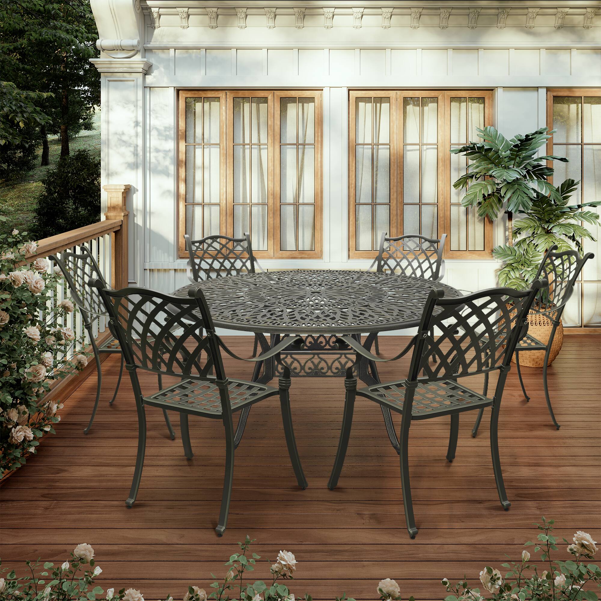 Left. Mondawe - 7-Piece Cast Aluminum Dining Set with Round Table and 6 Ergonomic Chairs - Bronze.