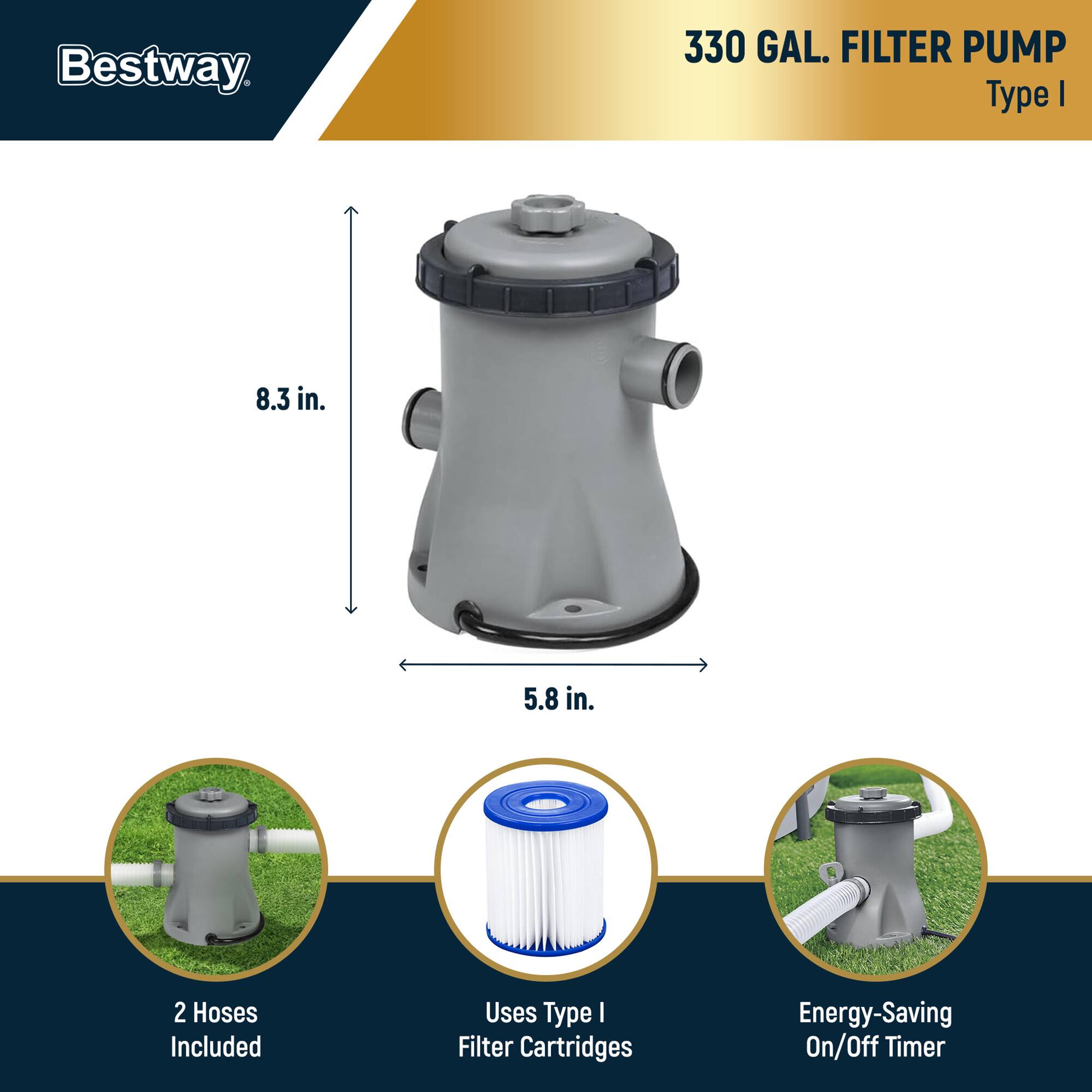 Bestway 330 GAL. FILTER PUMP Type I  
8.3 in.  
5.8 in.  
2 Hoses Included  
Uses Type I Filter Cartridges  
Energy-Saving On/Off Timer
