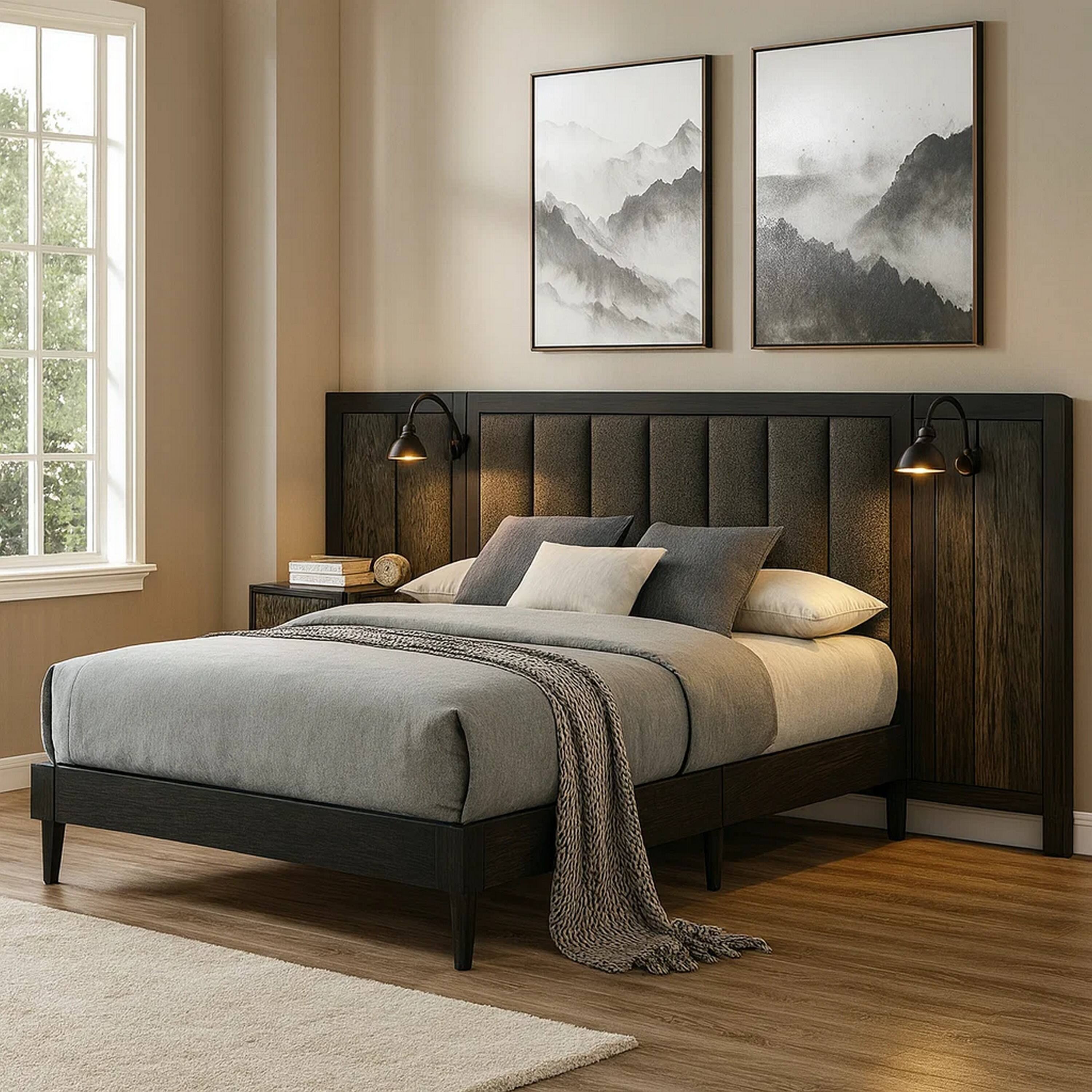Alt View 5. Manhattan Lane - Fel Queen Size Bed, Dark Brown Wood Frame, Upholstered Headboard - Brown.