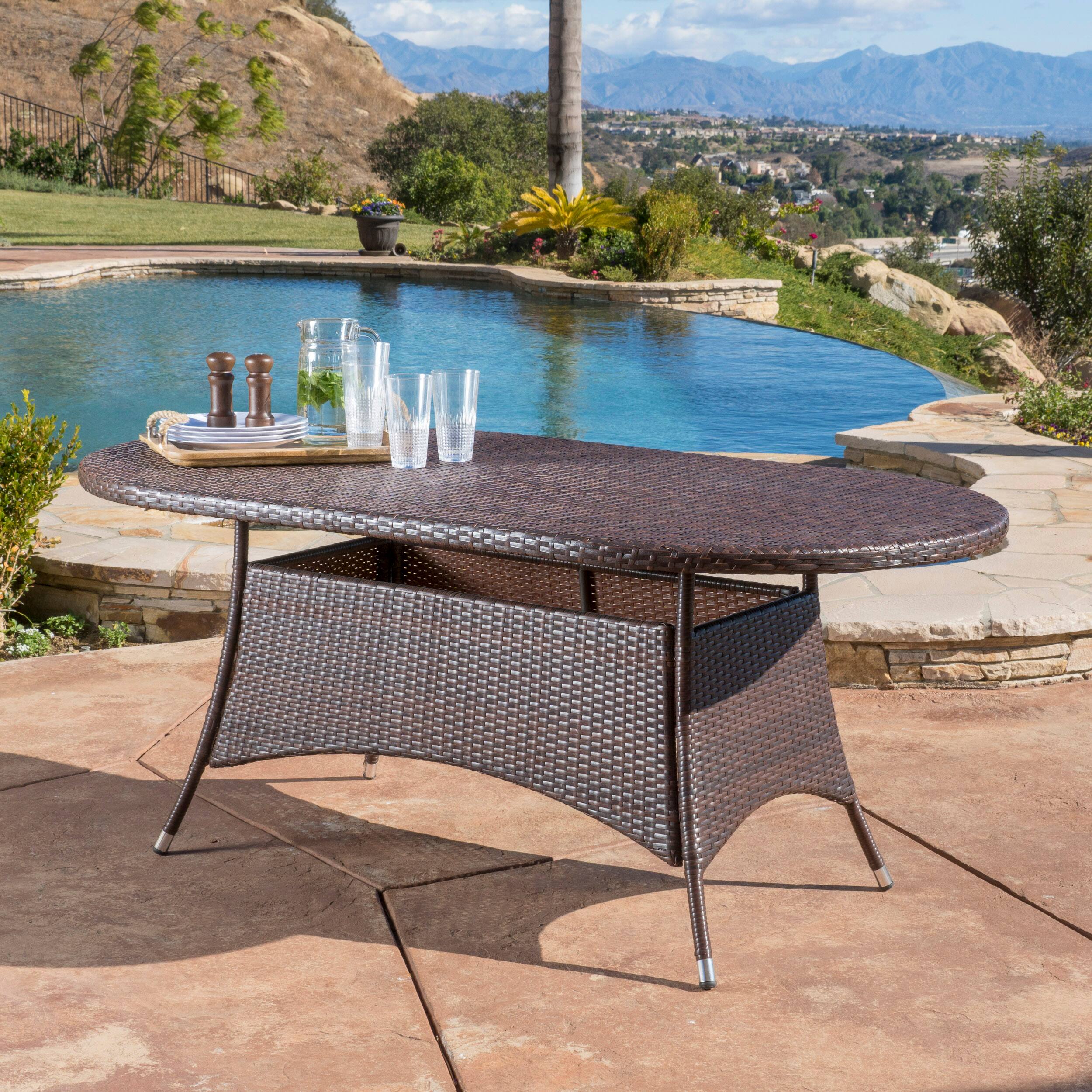 Back. APRILSOUL - Ramsey Oval Wicker Dining Table 69in Outdoor Patio Seats 6 Silver Tipped Legs - Brown Multi.