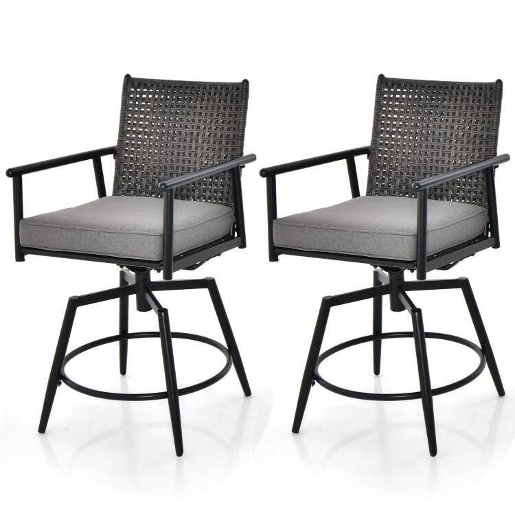Back. Mondawe - Set of 2 360 Degree Swivel Bar Stool with Metal Frame and PE Rattan Backrest - Black.