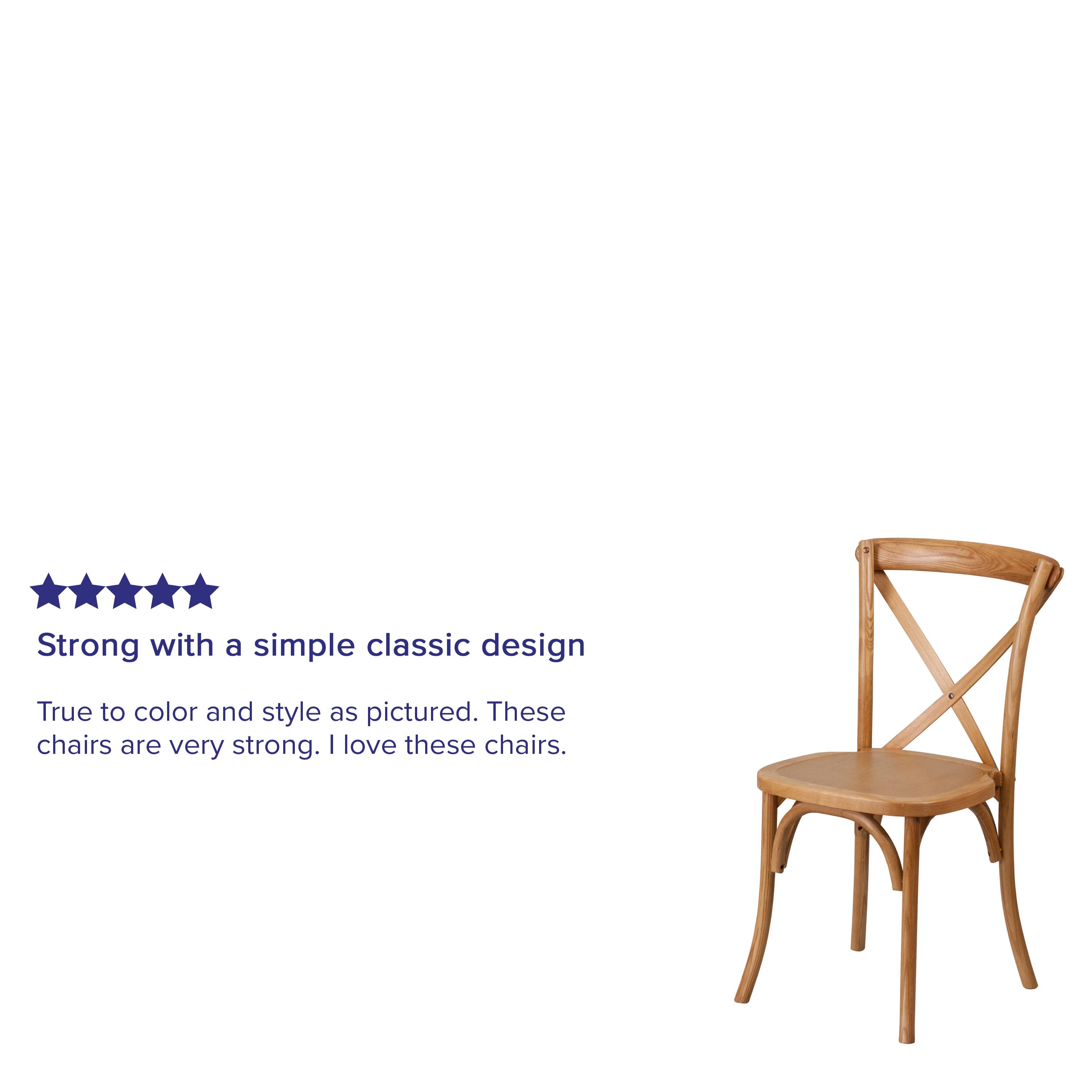Strong with a simple classic design  
True to color and style as pictured. These chairs are very strong. I love these chairs.