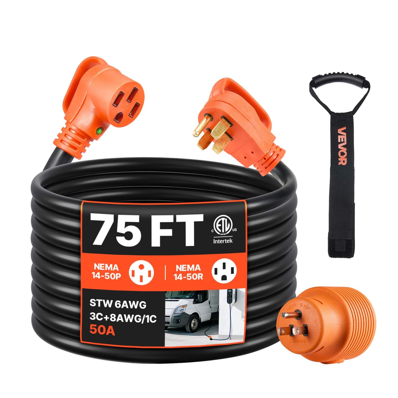 VEVOR - 75 FT RV Extension Cord,50 Amp,125V/250V 7500W Heavy Duty STW 6/3 + 8/1 Gauge Wire,15A Adapter for RV Trailer,ETL Listed - Black; Orange