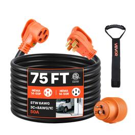 VEVOR - 75 FT RV Extension Cord,50 Amp,125V/250V 7500W Heavy Duty STW 6/3 + 8/1 Gauge Wire,15A Adapter for RV Trailer,ETL Listed - Black; Orange