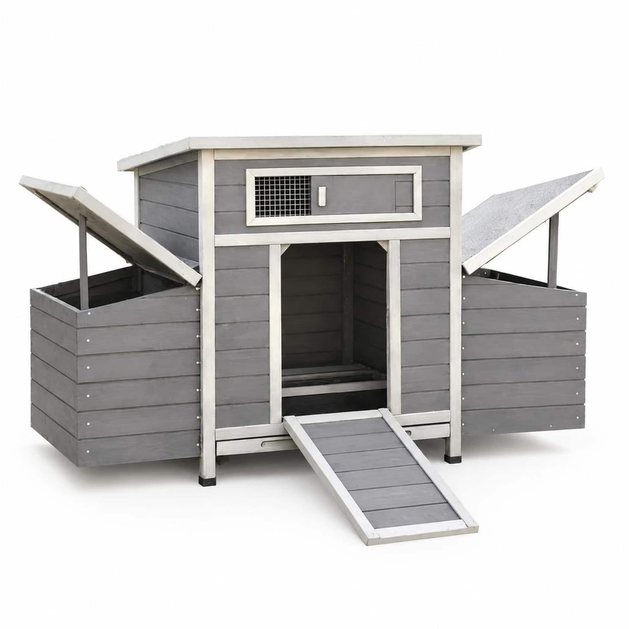 RYHNUYNE - Gray Wooden Chicken Coop, Large Outdoor Hen House, Nesting Box, Run, Waterproof Panels