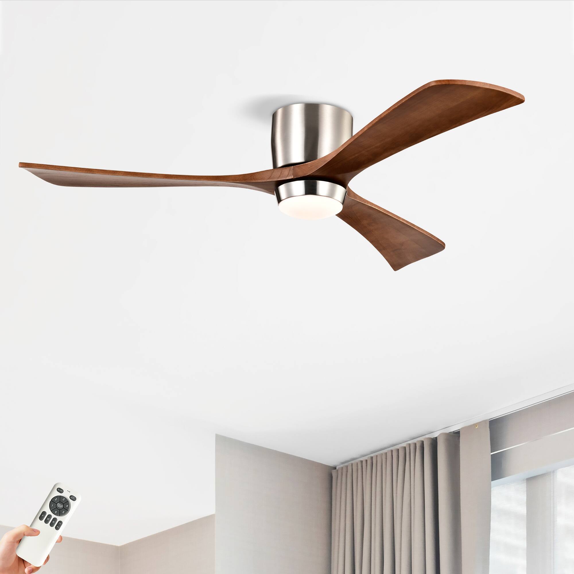 Sofucor - Quiet Flush Mount Ceiling Fans with Integrated LED Lights & Remote 6 Speed Solid Wood Blades Outdoor Indoor Ceiling Fan - Nickel