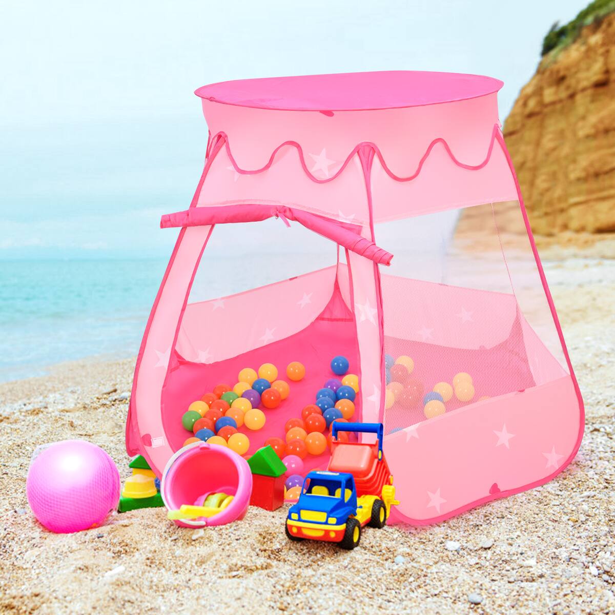 Alt View 4. Costway - Costway Kid Outdoor Indoor Princess Play Tent Playhouse Ball Tent Toddler Toys w/ 100 Balls - pink.