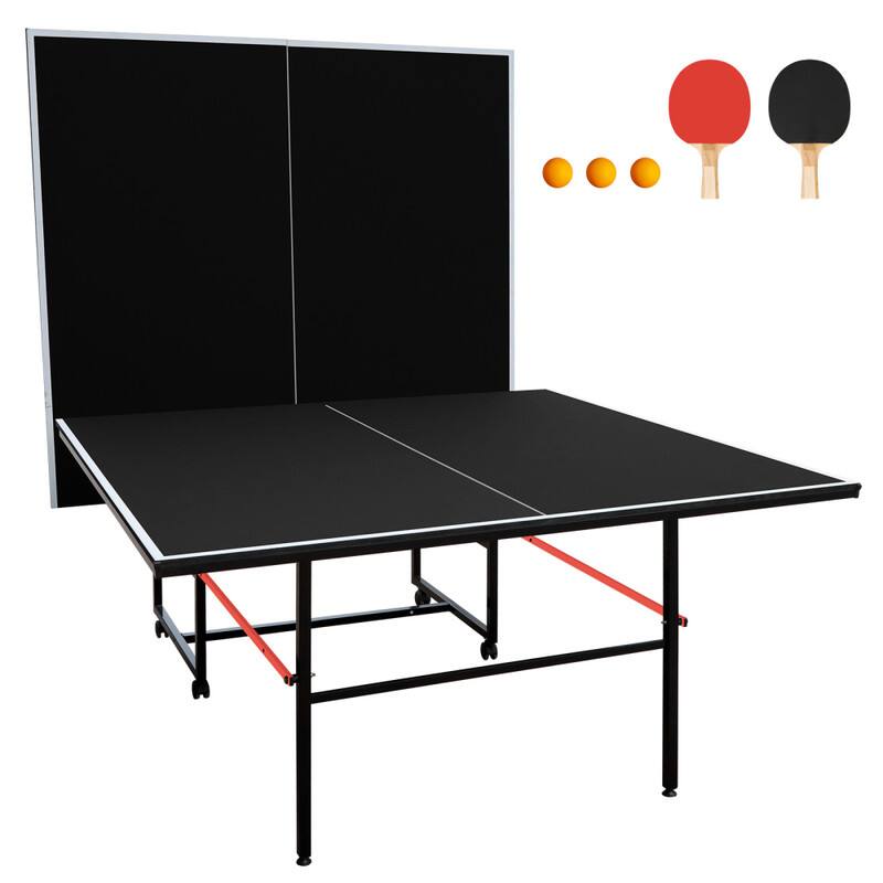 Left. HTUTWOO - Table Tennis Table Set 9ft Mid-Size - Foldable & Portable Ping Pong Table for Indoor Games, Net, 2 Paddles, 3 Balls - Black.