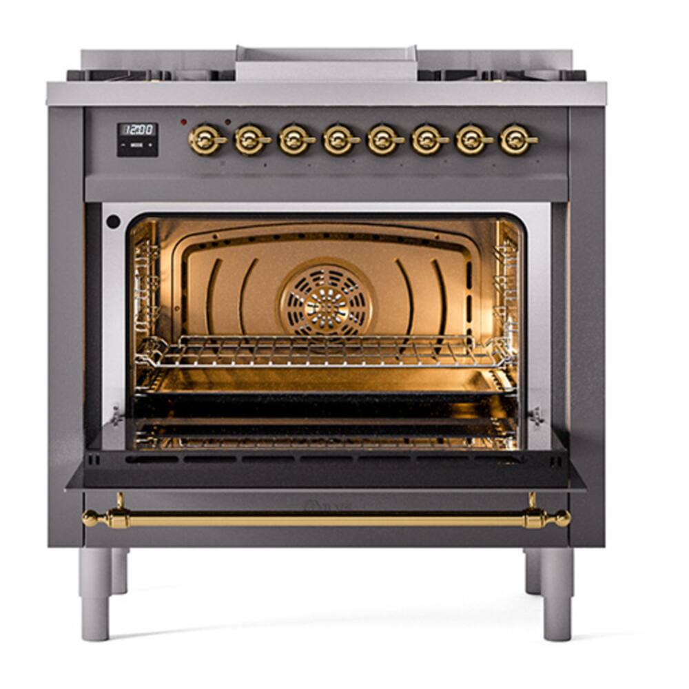 Alt View 4. ILVE - ILVE Nostalgie II Series 36 in. Dual Fuel Range with 6 Sealed Burners + Griddle (Liquid Propane, Brass Trim) - Graphite Matte.