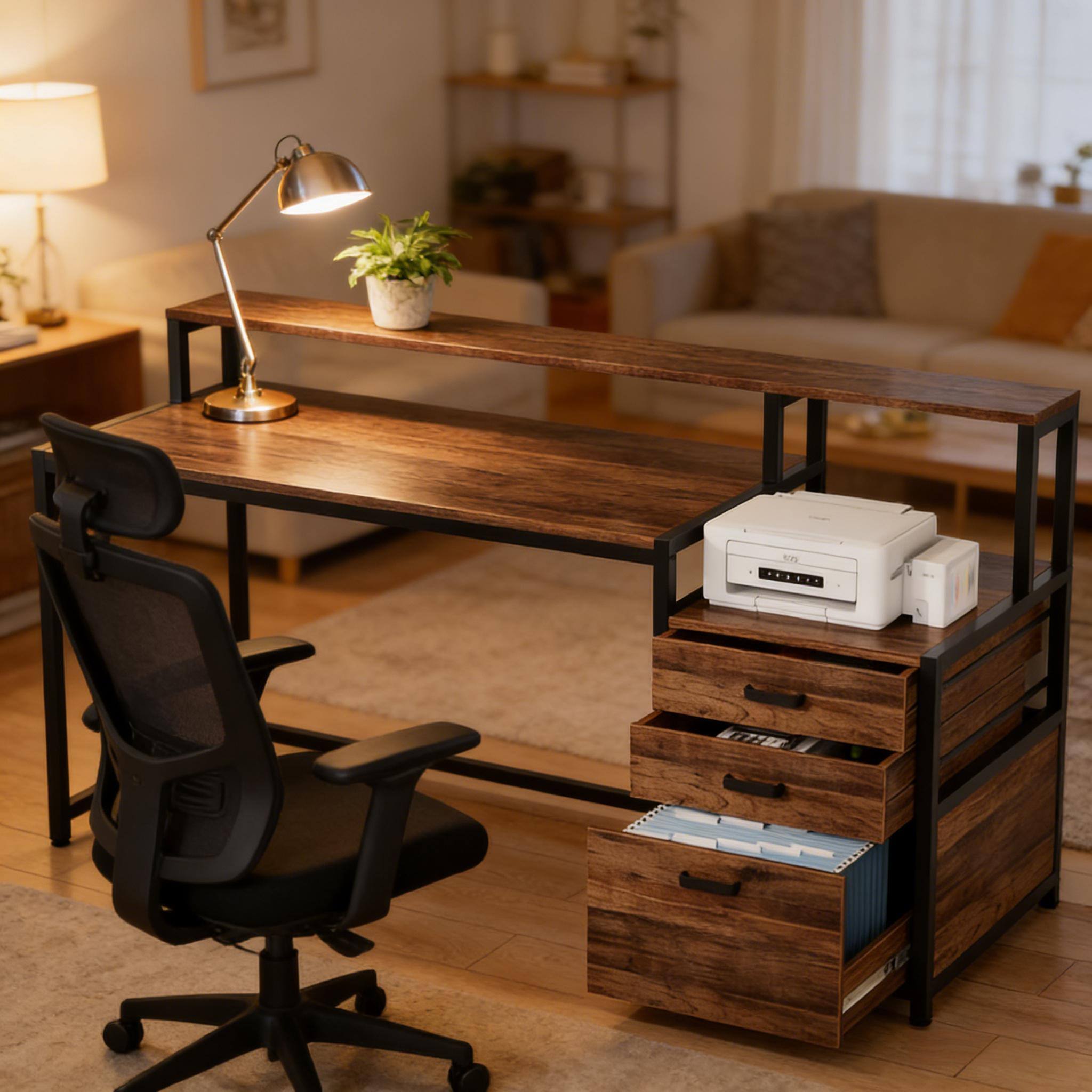 Alt View 2. Forest'nSky - Writing Desk with Drawers & Storage for Office, Study & Gaming,Rustic Brown - Rustic Brown.