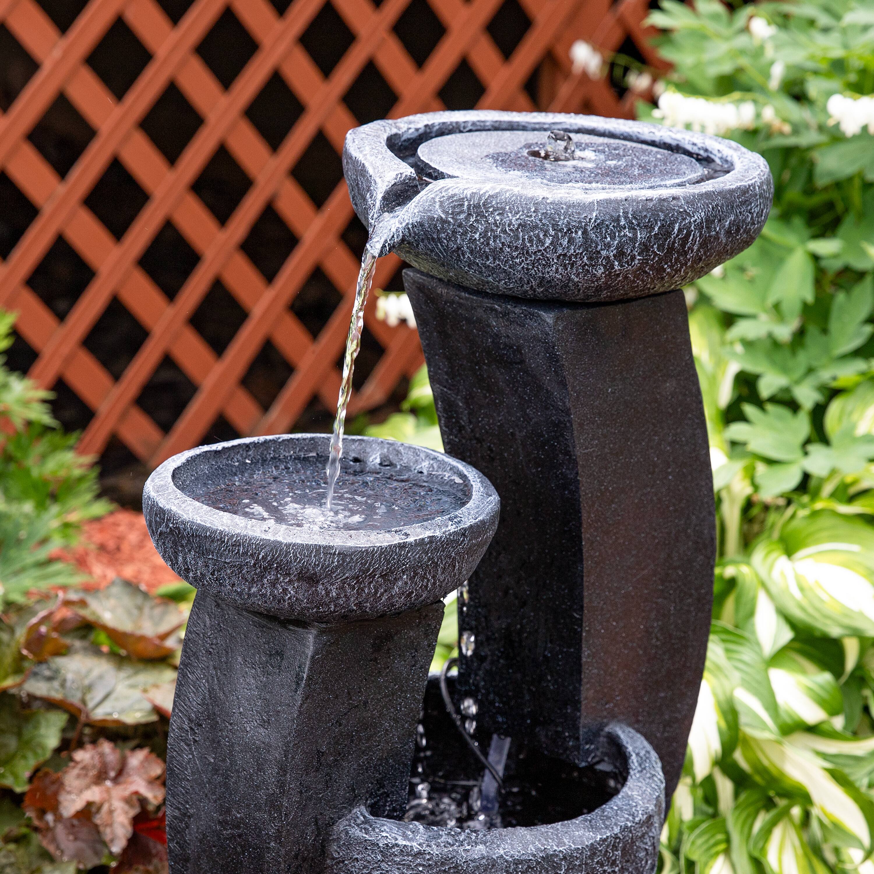 Alt View 7. Sunnydaze - Modern Cascading Bowls Solar Water Fountain with Battery - 28 in - Black.
