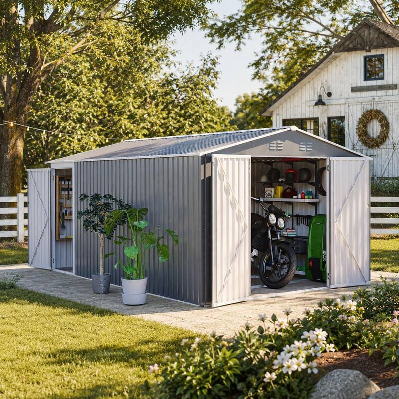 Left. RYHNUYNE - 10x14 Ft Metal Shed Triple Lockable Doors Side Entry 4 Vents Weatherproof Light Gray - Gray.