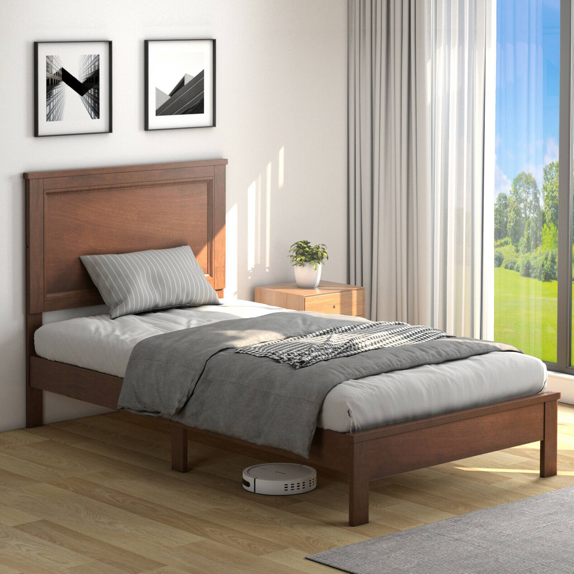 Front. Gymax - Gymax Twin Size Bed Frame Platform Slat High Headboard Bedroom Rubber Wood Leg Walnut - Walnut.