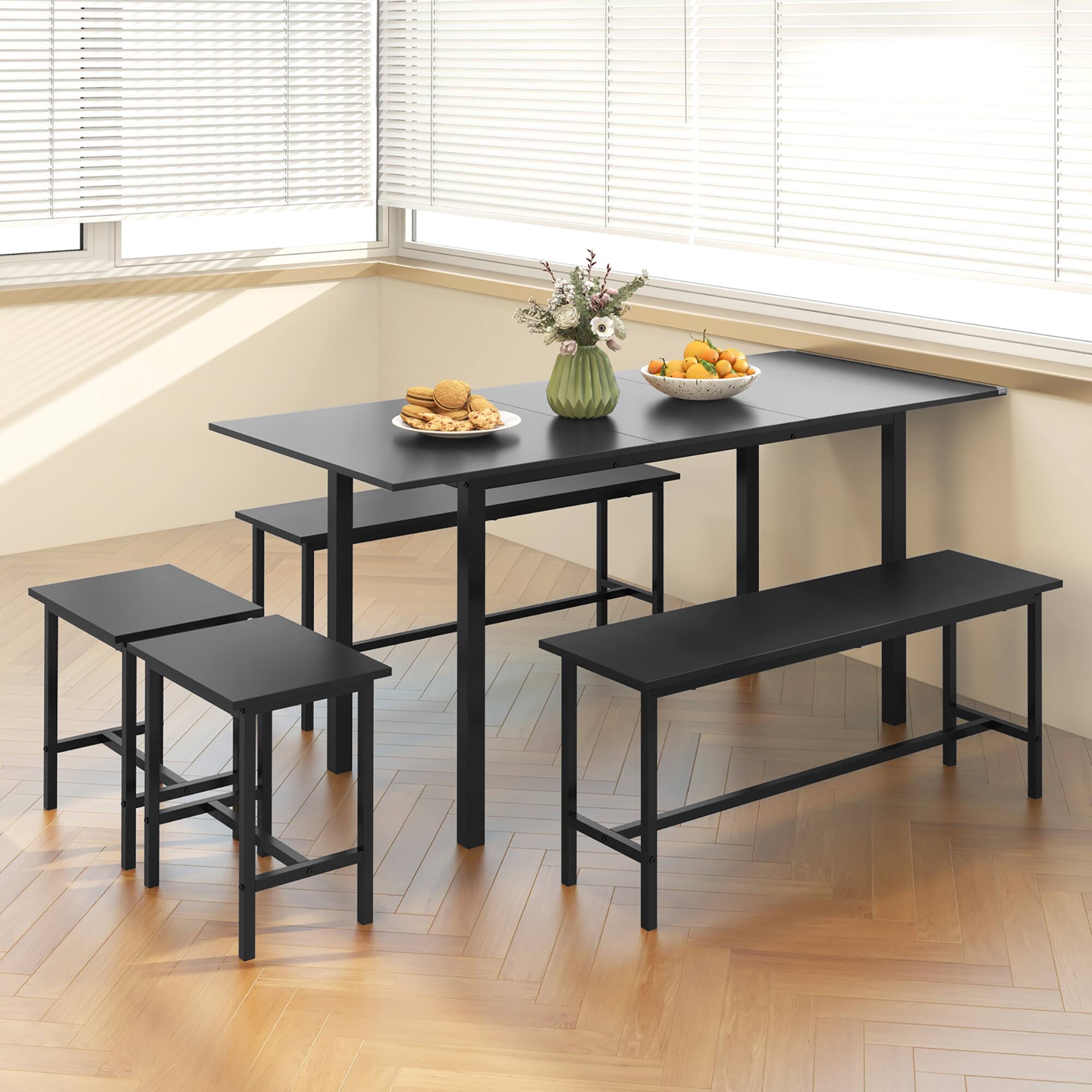 Alt View 1. Gymax - Gymax 5 PCS Dining Table Set for 4-6 w/ 2 Benches & 2 Stools Metal Frame Dining Room Black - Black.