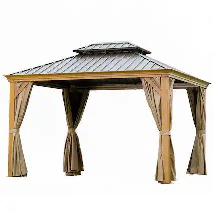 Front. Mondawe - 12x14FT Hardtop Gazebo with Wood-Looking Aluminum Frame - Yellow Brown.