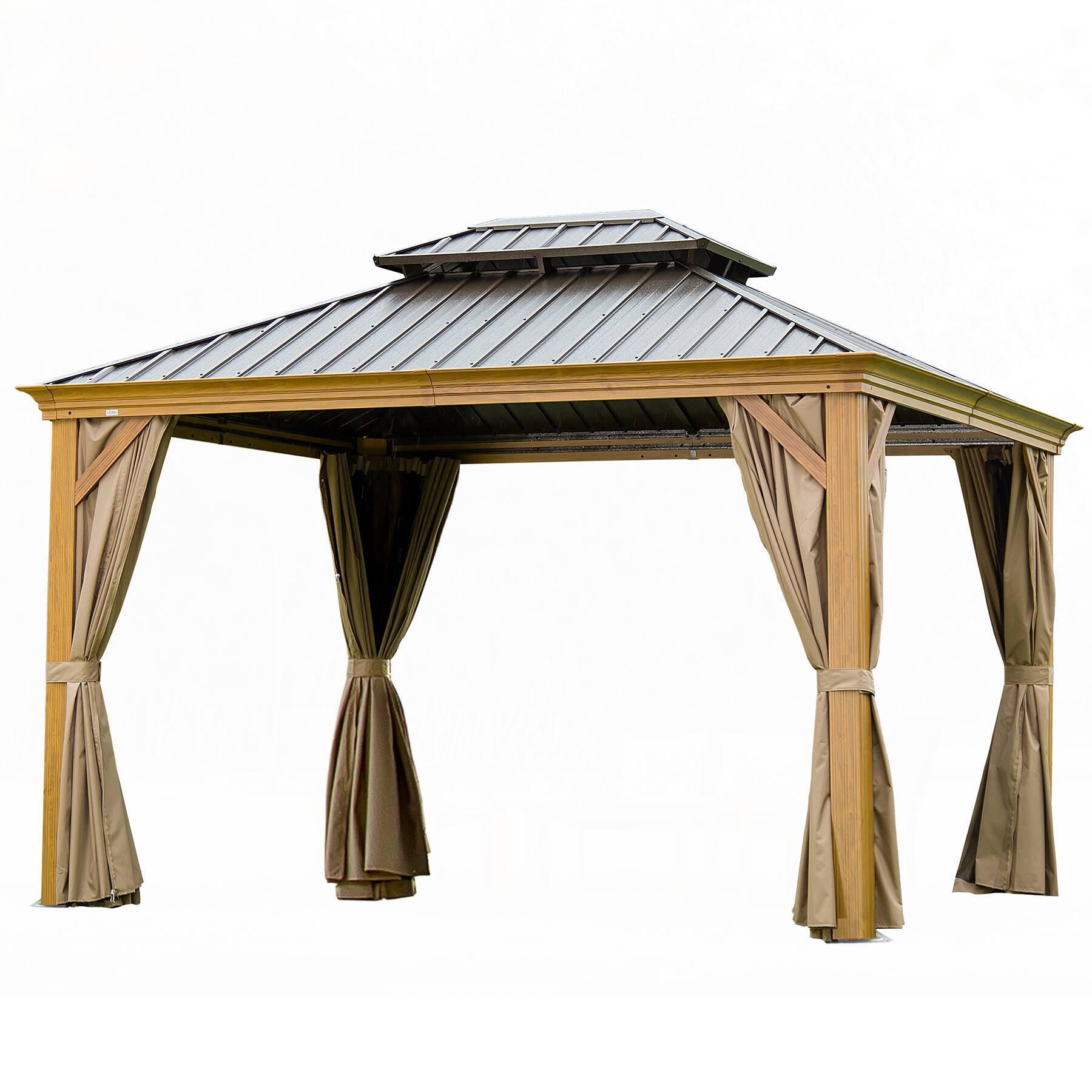 Front. Mondawe - 12x14FT Hardtop Gazebo with Wood-Looking Aluminum Frame - Yellow Brown.
