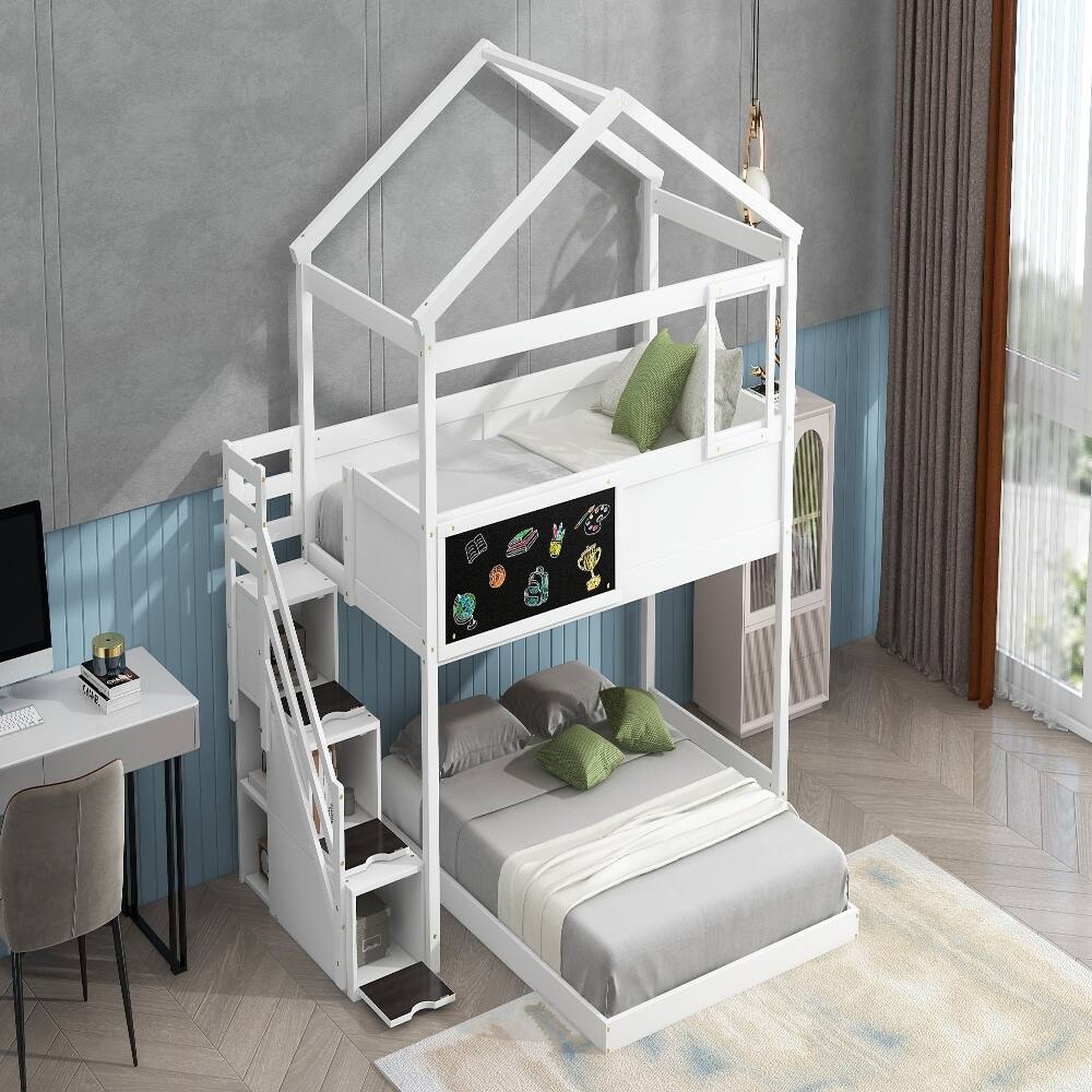 Alt View 1. Loheer - Loheer Twin Over Full House Bunk Bed with Storage Staircase and Blackboard White - White.