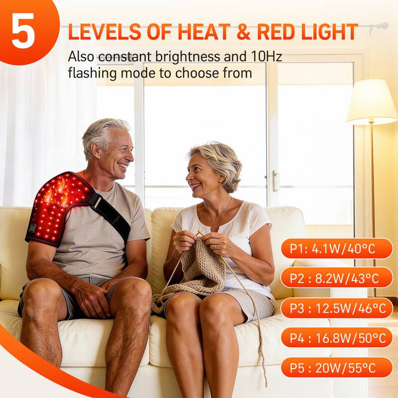 5 LEVELS OF HEAT & RED LIGHT  
Also constant brightness and 10Hz flashing mode to choose from  

P1: 4.1W/40°C  
P2: 8.2W/43°C  
P3: 12.5W/46°C  
P4: 16.8W/50°C  
P5: 20W/55°C