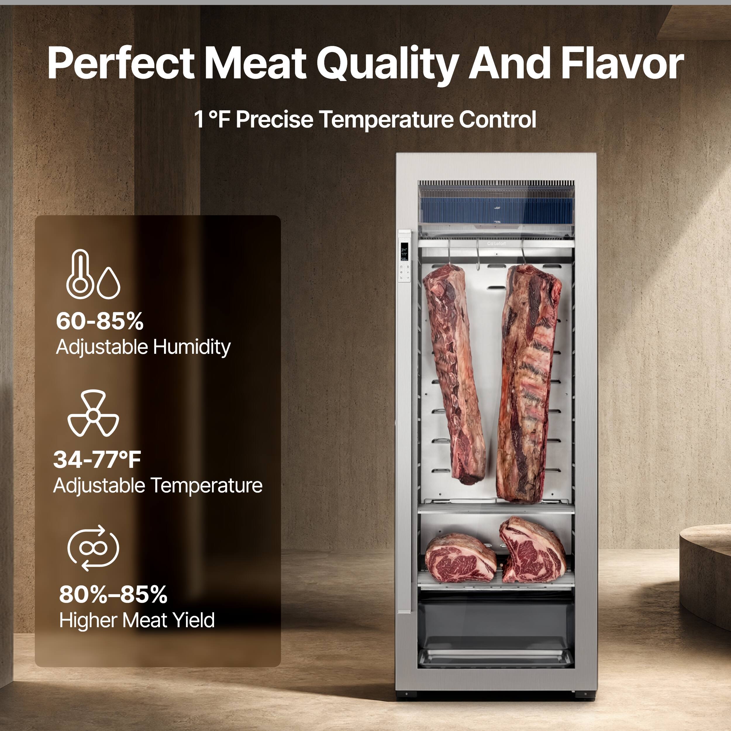 Perfect Meat Quality And Flavor  
1°F Precise Temperature Control  
60-85% Adjustable Humidity  
34-77°F Adjustable Temperature  
80%-85% Higher Meat Yield