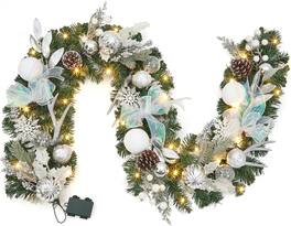 Acekool - 6FT Christmas Decorations Silver Christmas Garland with Antlers, Bows & Snowflake Ornaments - White