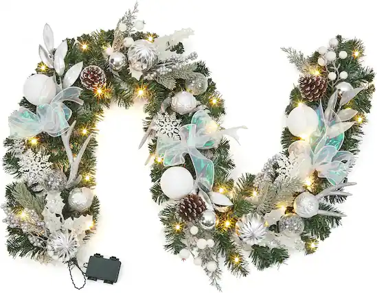 Front. Acekool - 6FT Christmas Decorations Silver White Christmas Garland with Antlers, Bows & Snowflake Ornaments - White.